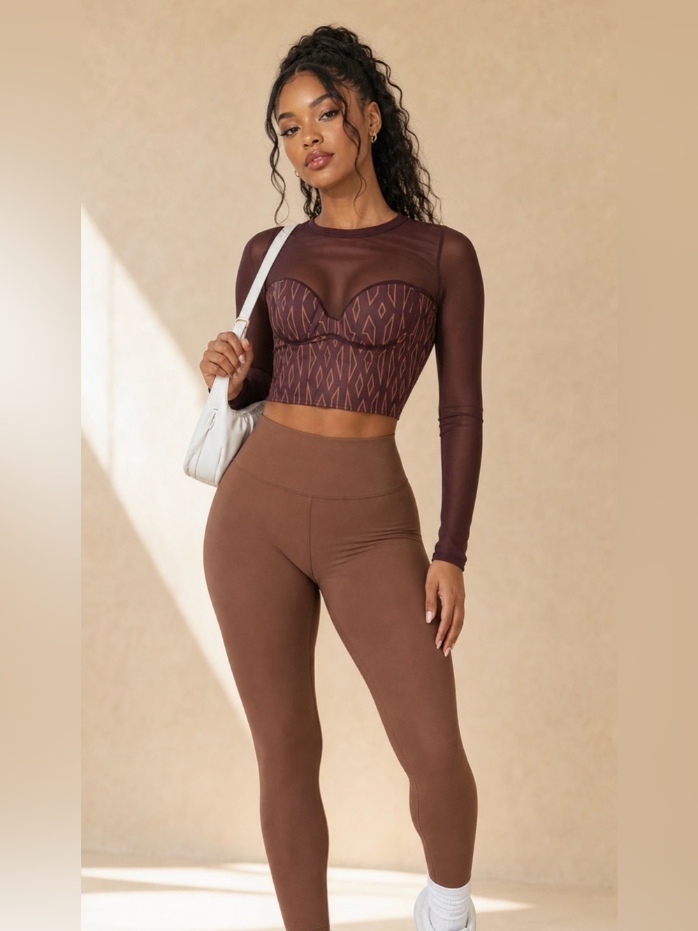 Adidas x Ivy Park Halls of Ivy Mesh Long Sleeve Crop Top Brown Oxblood S SoldOut - Picture 3 of 8